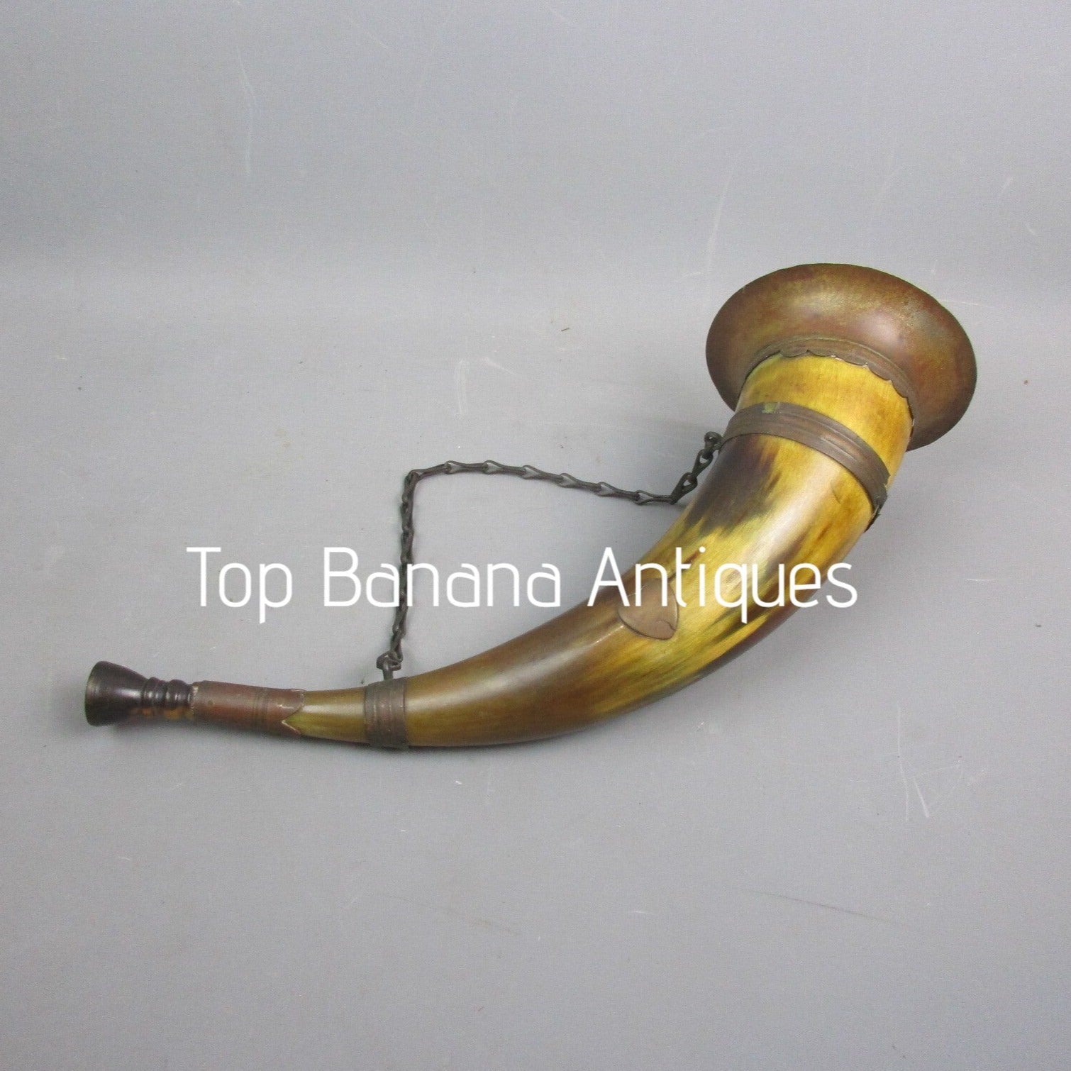Large Copper & Horn Hunting Horn With Chain Antique Victorian c1880
