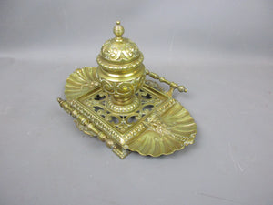 Heavy Brass Ornate Inkwell & Pen Tray With Scallop Edge Finish Antique Victorian c1890