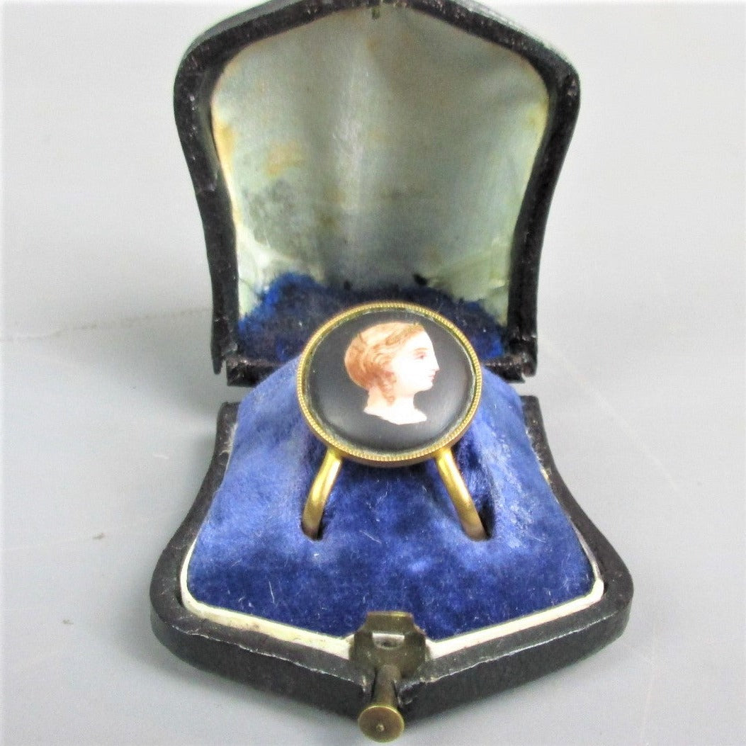 Rare Grand Tour Gilt Metal & Ceramic Scarf Holder In Original Box Antique Victorian c1860