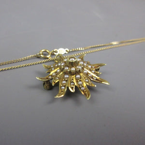 14K Yellow Gold & Seed Pearl Sunburst Pendant Necklace Antique Art Deco c1930