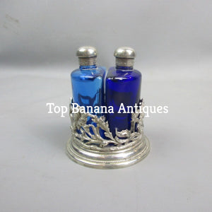 Pair Of Blue Glass Scent Bottles With Silver Plated Floral Design Stand Victorian c1880