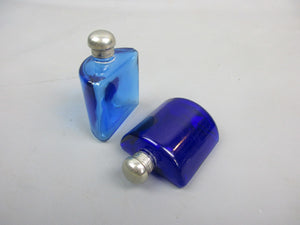 Pair Of Blue Glass Scent Bottles With Silver Plated Floral Design Stand Victorian c1880