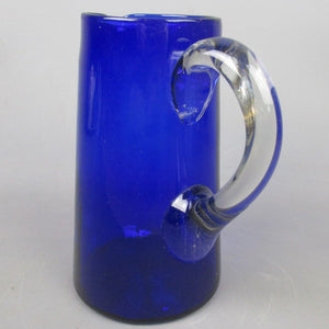 Cobalt Blue & Clear Glass Pitcher Water Jug Vintage Retro c1960