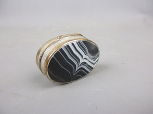 Banded Agate Stone & White Metal Hinged Pill Box Antique c1920