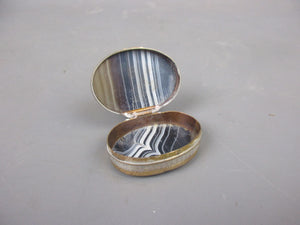 Banded Agate Stone & White Metal Hinged Pill Box Antique c1920