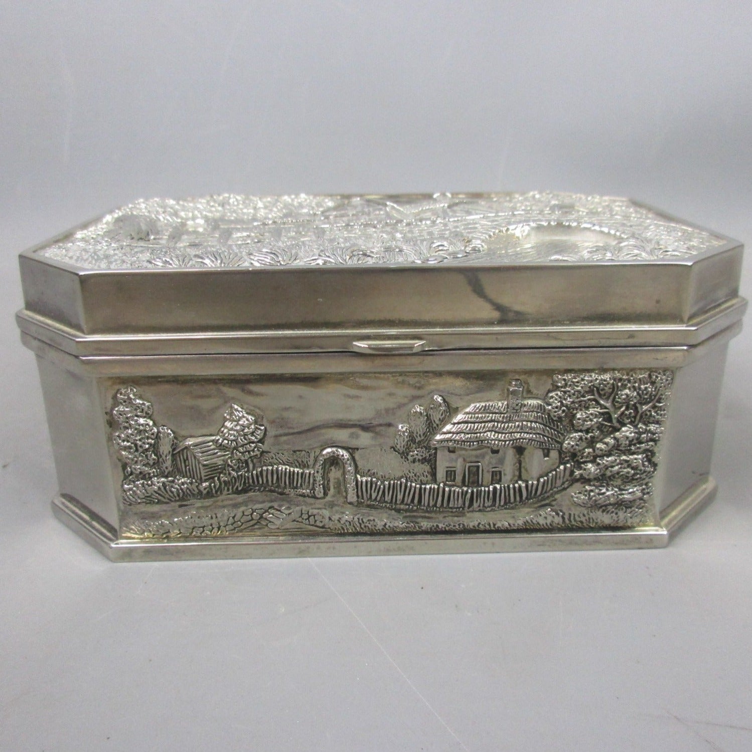 Heavy White Metal Jewellery Box With Rural Water Mill Scene Vintage c1970