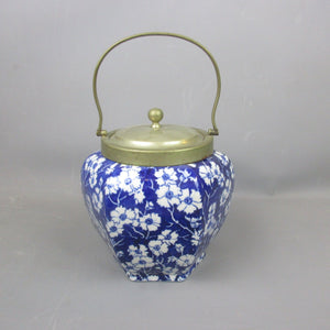 Blue & White Floral Design Transfer Ware Biscuit Barrell Antique c1930