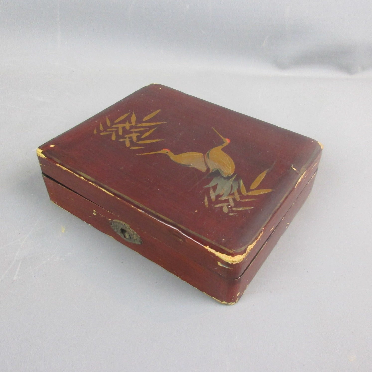 Lacquer Wood Chinese Heron Design Box Antique c1900