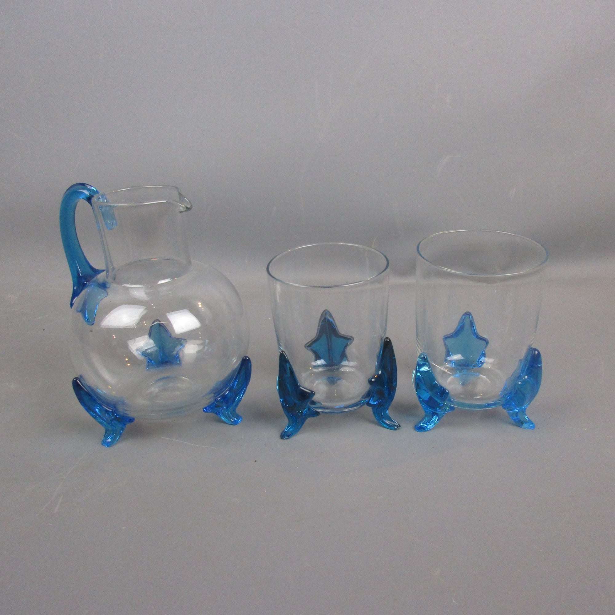 Small Blue & Clear Glass Lemonade Jug & Glasses Antique Victorian c1890