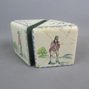 Pair Of Bookends Made From Golf Themed Delft Tiles Antique c1820
