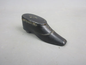 Black Papier Mache Shoe Design Snuff Box With Mother Of Pearl Detail Antique Georgian c1820
