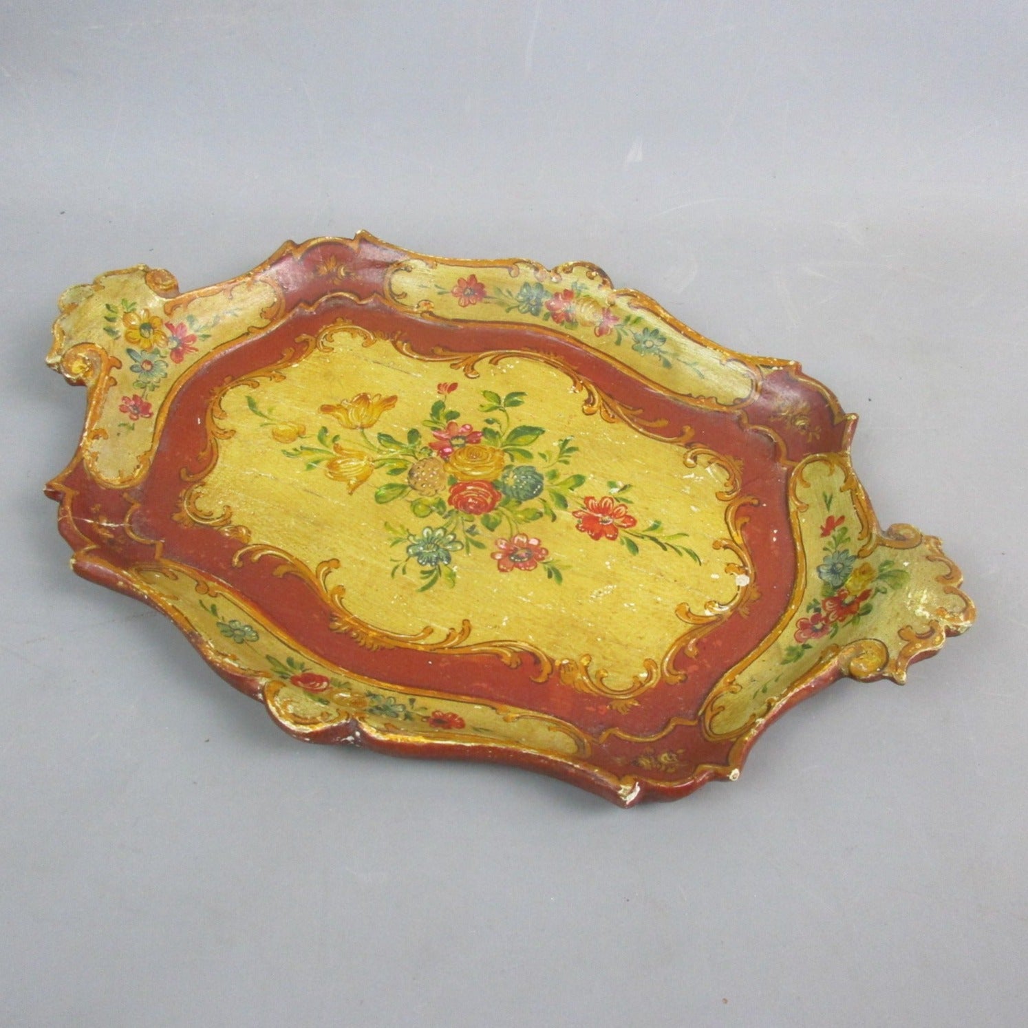 Hand Painted Red & Yellow Italian Floral Design Wooden Tray Antique c1860