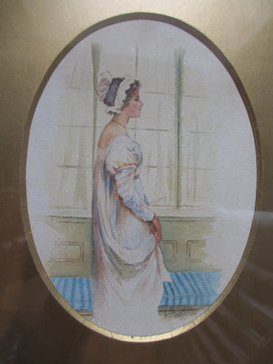 Framed watercolour of girl at window antique dated 1897.