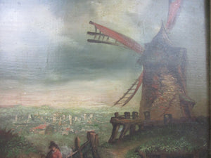 Dutch Oil On Board Painting Of Windmill Scene In Gold Rococo Frame Antique c1870