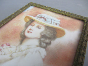 Miniature Hand Painted Watercolour On Bone Portrait Painting Of Lady In Dress Antique Victorian c1860