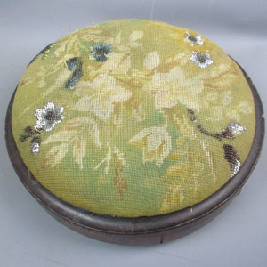 Oak & Tapestry Beadwork Floral Design Footstool Antique Victorian c1870