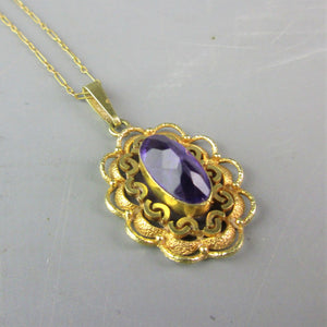 9K Gold Amethyst Stone Floral Pendant Necklace Vintage c1980