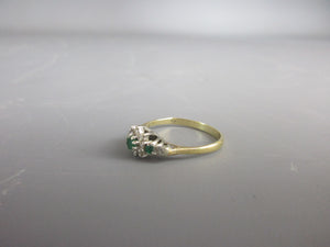 18K Gold Emerald & Diamond Floral Cluster Ring London Vintage 1980