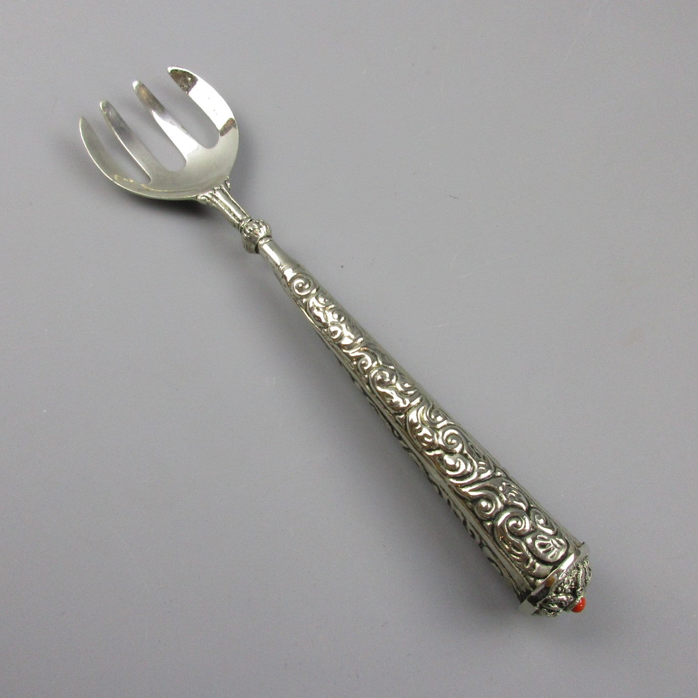 Indian Embossed Silver Serving Fork Vintage c1980  