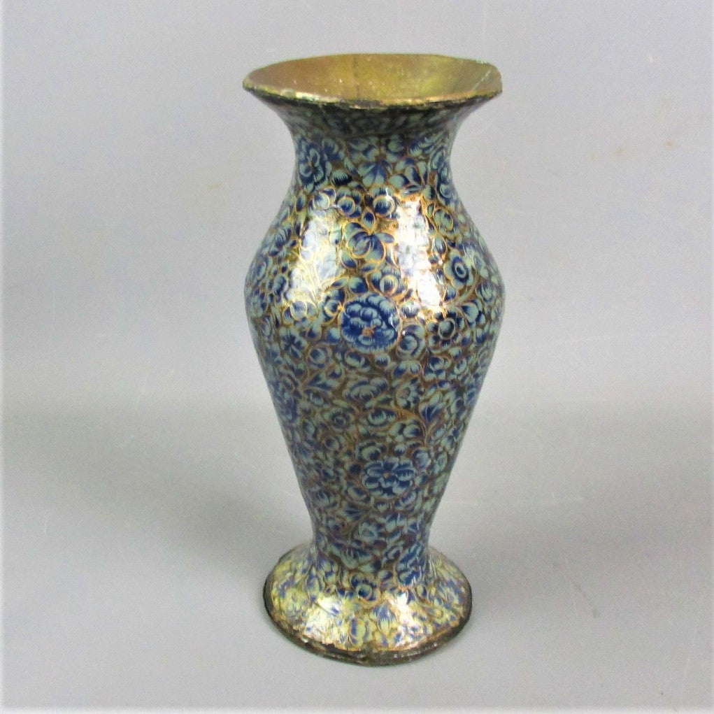 Kashmiri Blue Papier Mache Floral Vase Antique Art Deco c1930