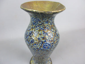 Kashmiri Blue Papier Mache Floral Vase Antique Art Deco c1930