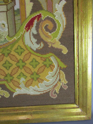 Larger Hand Embroidered Tapestry Panel in Frame Antique 19th Century
