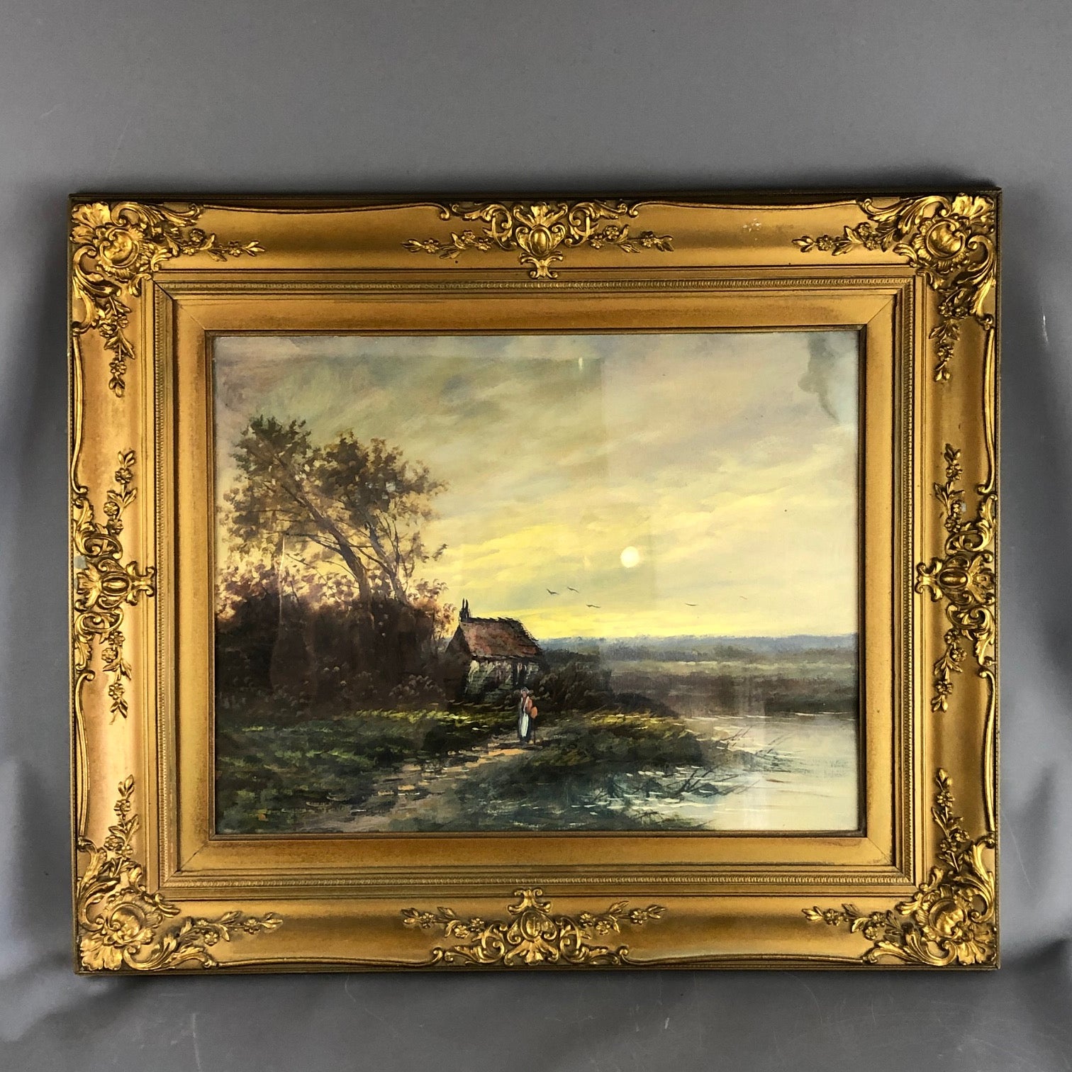 Oil-on-Canvas-Framed-Painting-Peaceful-Walk-by-the-Lake-or-Sea-Victorian-Antique-c1900