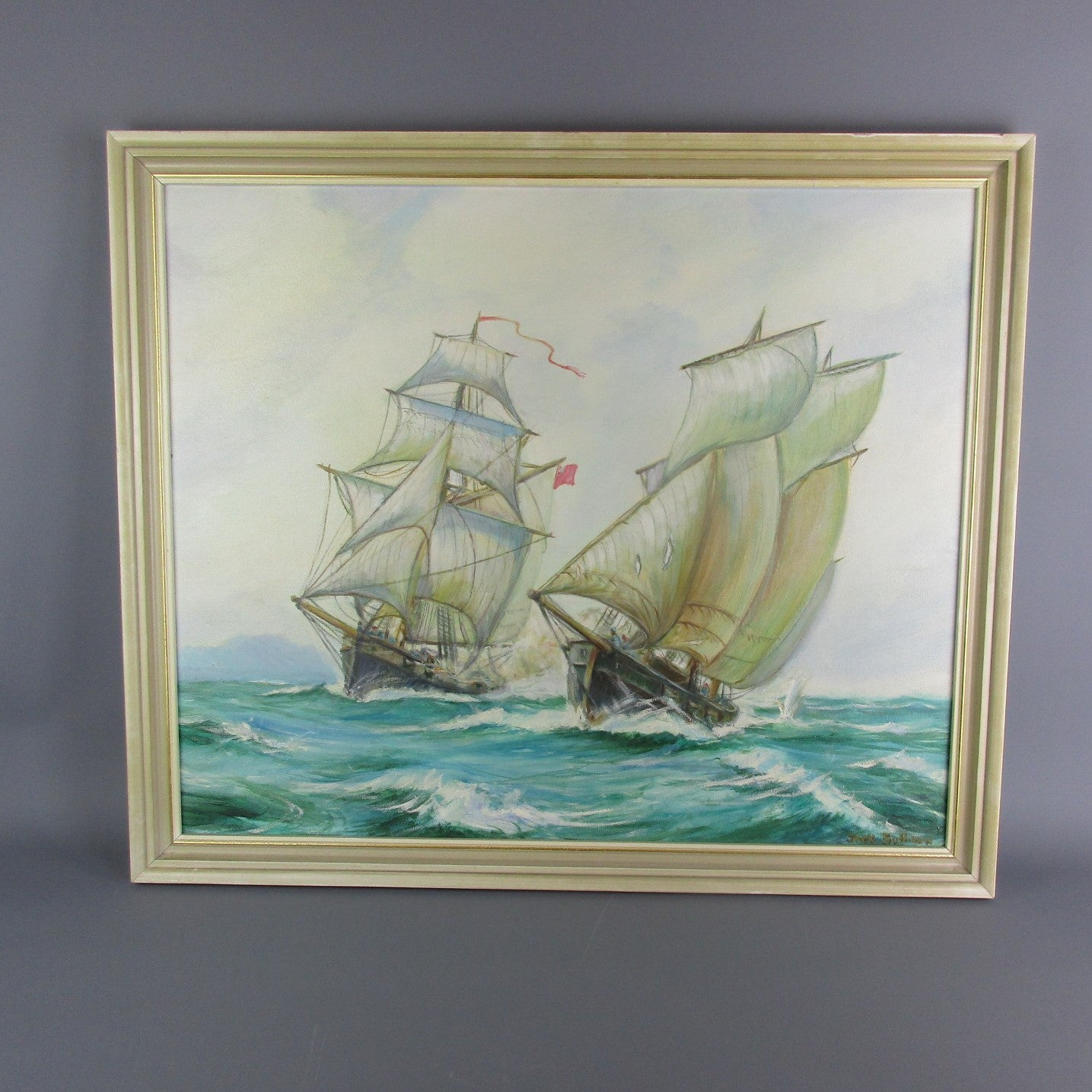 Oil On Board By Jack Sullivan Two Cutter Ships Vintage 1970's