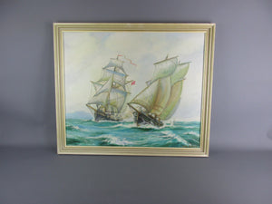 Oil On Board By Jack Sullivan Two Cutter Ships Vintage 1970's