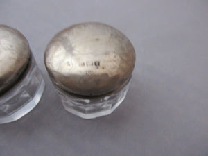Pair Of Small Sterling Silver And Cut Glass Rouge Pots Antique Birmingham 1912