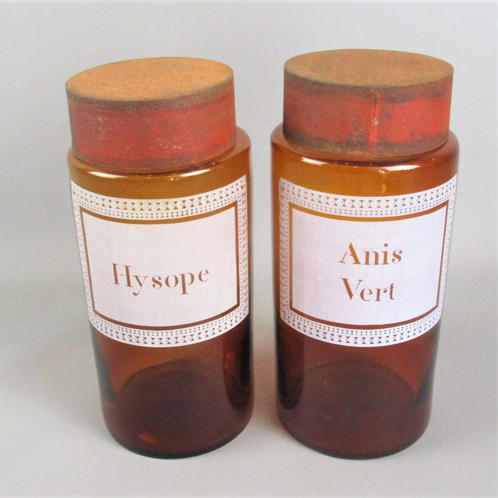 Pair OF French Amber Glass Apothecary Jars 'Anis Vert' & 'Hysope' Antique Victorian c1900