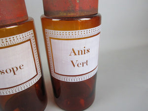 Pair OF French Amber Glass Apothecary Jars 'Anis Vert' & 'Hysope' Antique Victorian c1900