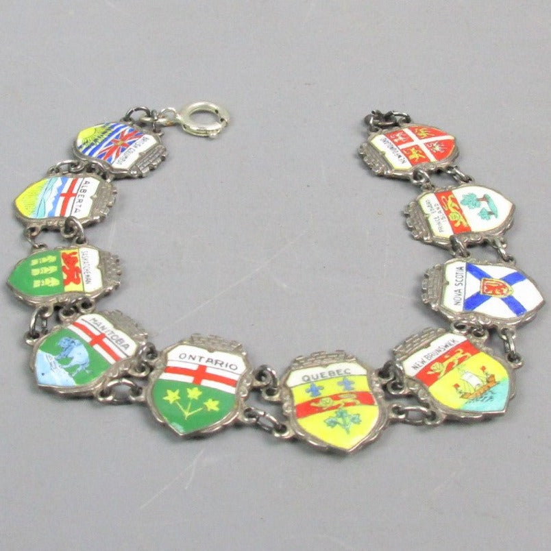 Sterling Silver & Enamel Canadian Provinces Travel Shield Charm Bracelet Vintage c1970