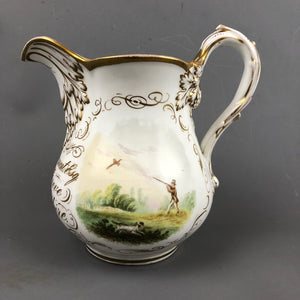 Victorian-Hand-Painted-Inscribed-Porcelain-Decorative-Water-Jug-Shooting-Themed-English-Antique-1870