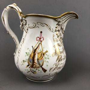 Victorian Hand Painted Inscribed Porcelain Decorative Water Jug Shooting Themed English Antique 1870