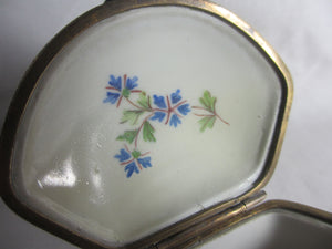 Flying Swallow Clasp Hand Painted Floral Porcelain Trinket or Pill Box Antique 19th Century