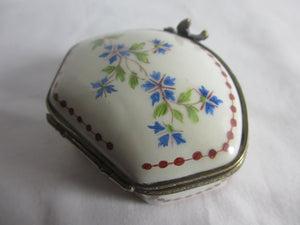 Flying Swallow Clasp Hand Painted Floral Porcelain Trinket or Pill Box Antique 19th Century