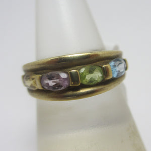 Blue Topaz Citrine Amethyst Tourmaline 9k Gold Ring Vintage c1980