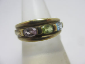 Blue Topaz Citrine Amethyst Tourmaline 9k Gold Ring Vintage c1980