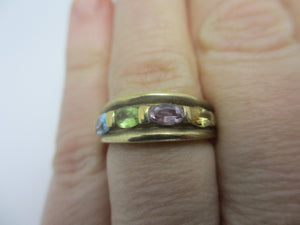 Blue Topaz Citrine Amethyst Tourmaline 9k Gold Ring Vintage c1980