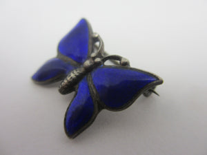 Blue Enamel Butterfly Sterling Silver Brooch Pin Vintage Art Deco c1920