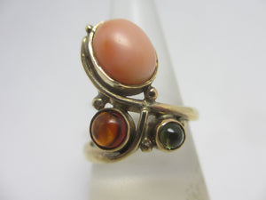 Coral Peridot & Citrine 9k Gold Ring Vintage 2006