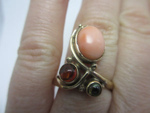 Coral Peridot & Citrine 9k Gold Ring Vintage 2006