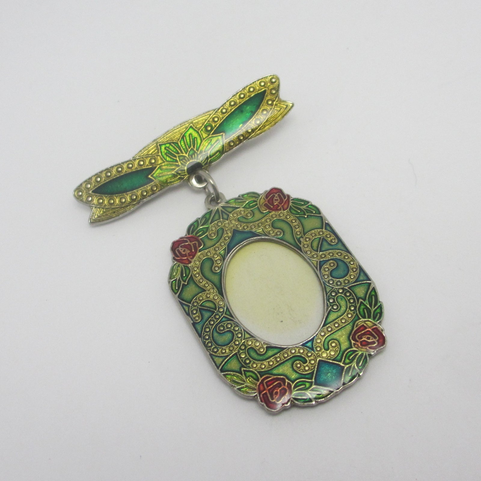 Dangling Locket Pendant Brooch Pin Enamel on White Metal Vintage c1980