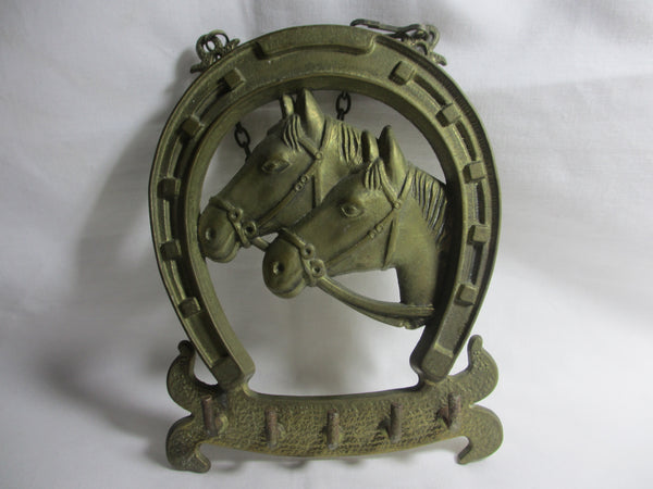Lucky Horseshoe & Horse Heads Brass Key Rack Holder Vintage