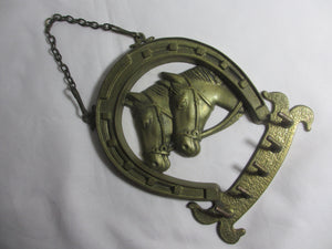 Lucky Horseshoe & Horse Heads Brass Key Rack Holder Vintage c1980