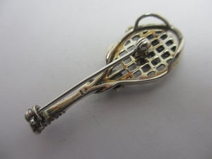 Tennis Racket Sterling Silver Brooch Pin with Seed Pearls & Tourmaline Vintage c1980
