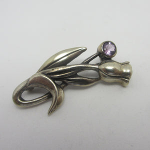 Amethyst Tulip Flower Sterling Silver Brooch Pin Vintage c1980