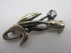 Amethyst Tulip Flower Sterling Silver Brooch Pin Vintage c1980