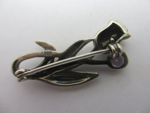 Amethyst Tulip Flower Sterling Silver Brooch Pin Vintage c1980